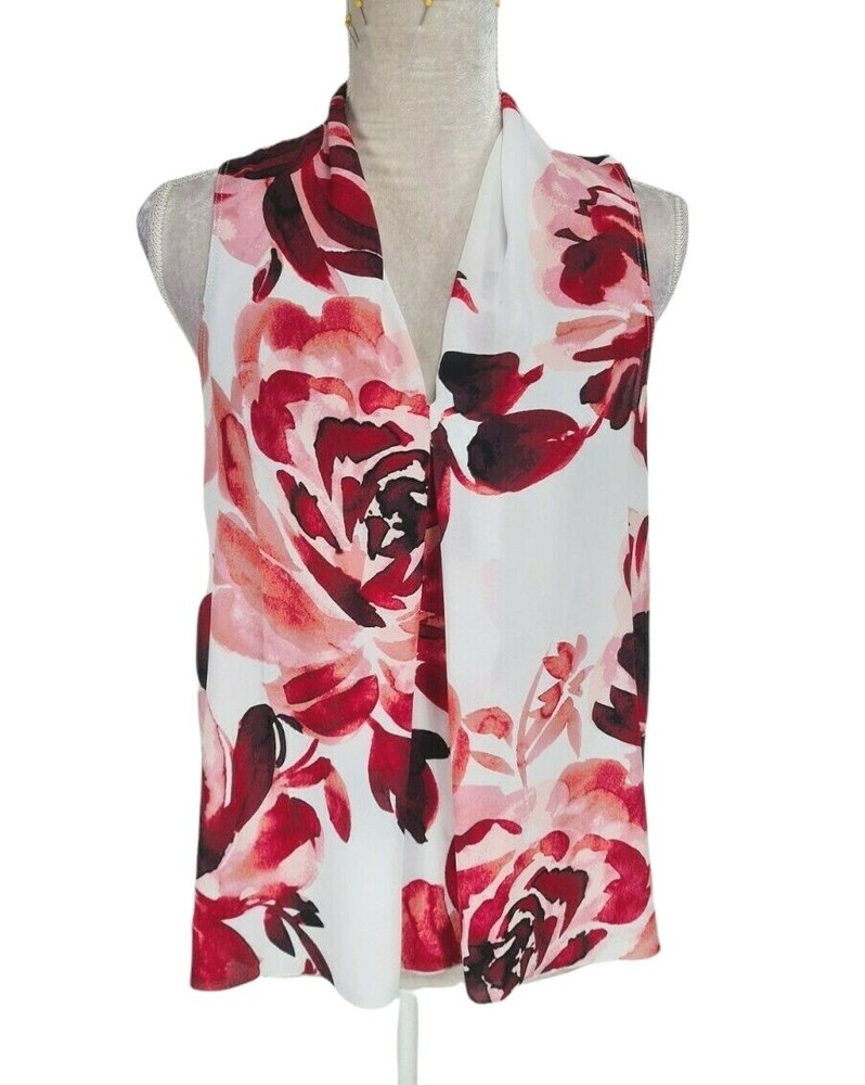 Liz Claiborne Womens Floral Red V-Neck Sleeveless Blouse Size S Pullover Top