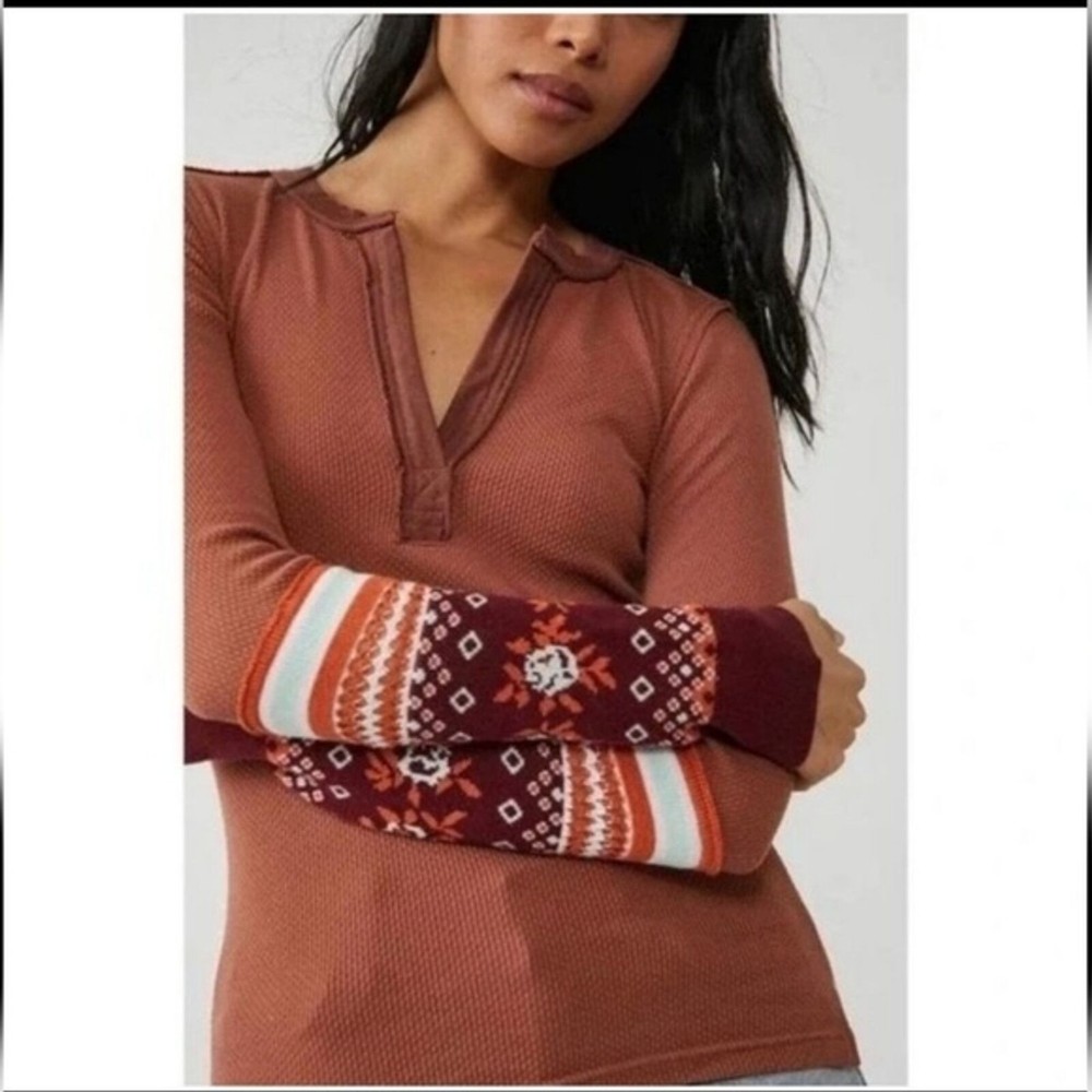 Free People We the Free Mikah Layering Cuff Thermal Top Size S in Autumn Combo