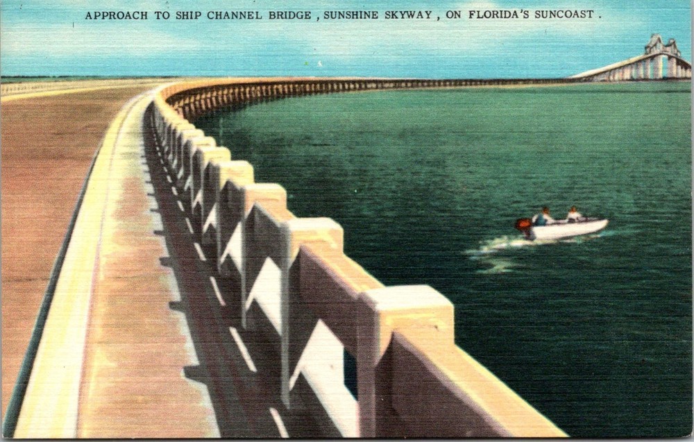 Dr Jim Stamps Postcard Approach To Ship Channel Bridge Sunshine Skyway Linen