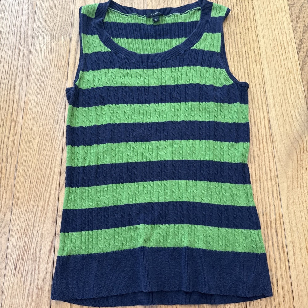 Talbots Women Small Sweater Knit Tank Top Blouse Green Navy Blue Stripe
