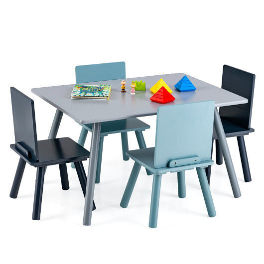 5 Pieces Kids Wooden Activity Play Furniture Set with Building Blocks-Blue - Col
