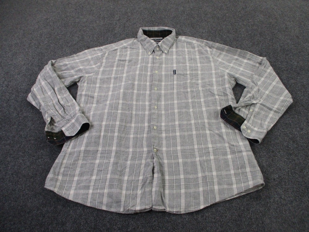 Barbour Shirt Mens 2XL Gray Plaid Flannel Business Tailored Lightweight Adult