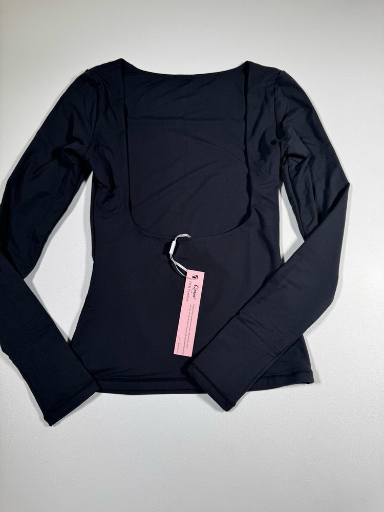 QINSEN Women Backless Going Out Tops Double Lined Open Back Basic Long Sleeve XS