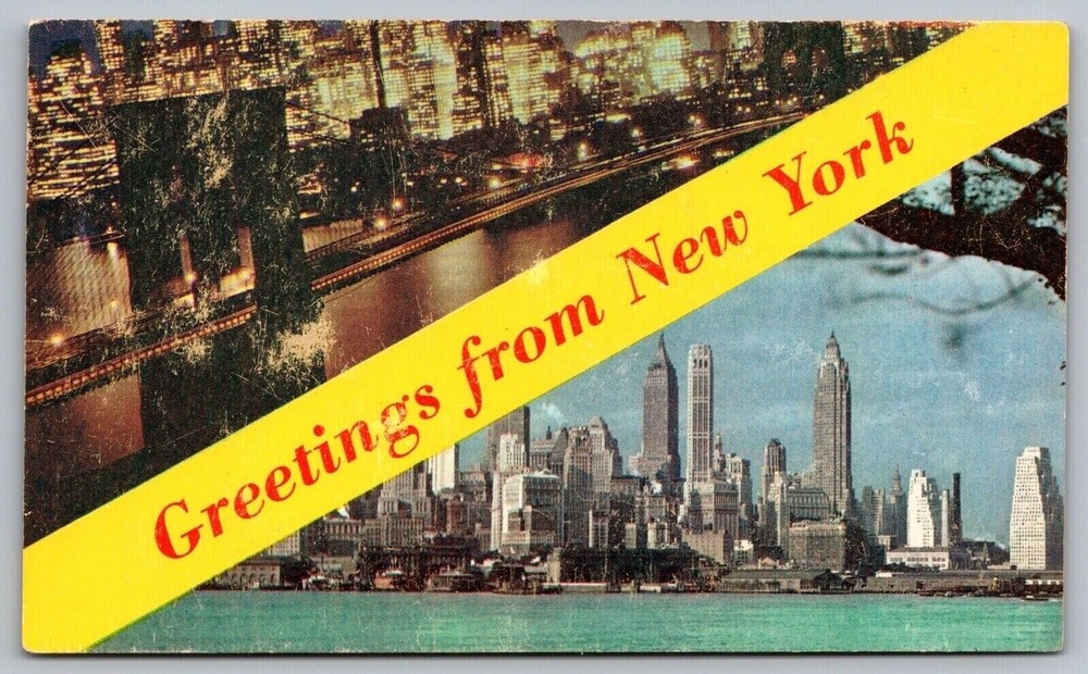 Greetings Banner New York City NY Multi View Scenic Landmarks Chrome Postcard