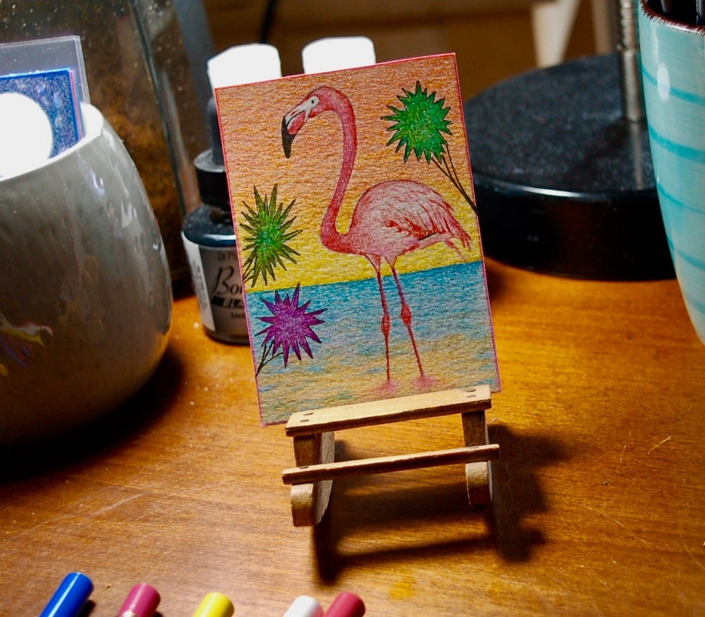 Original ACEO Pink Flamingo - Hand Painted Art Card 2.5 X 3.5