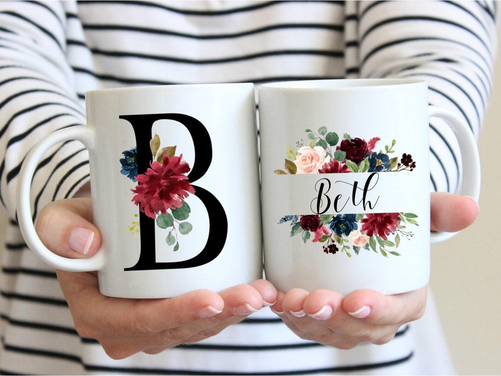 Initial Mug Name Mug Personalized Mug Black Letters Floral Name Mug Customized