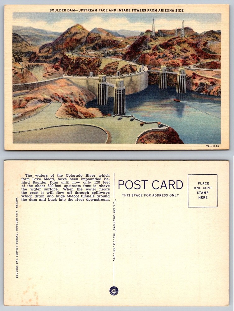 Boulder Dam Hoover Dam Arizona Side Intake Towers Vintage Linen Postcard