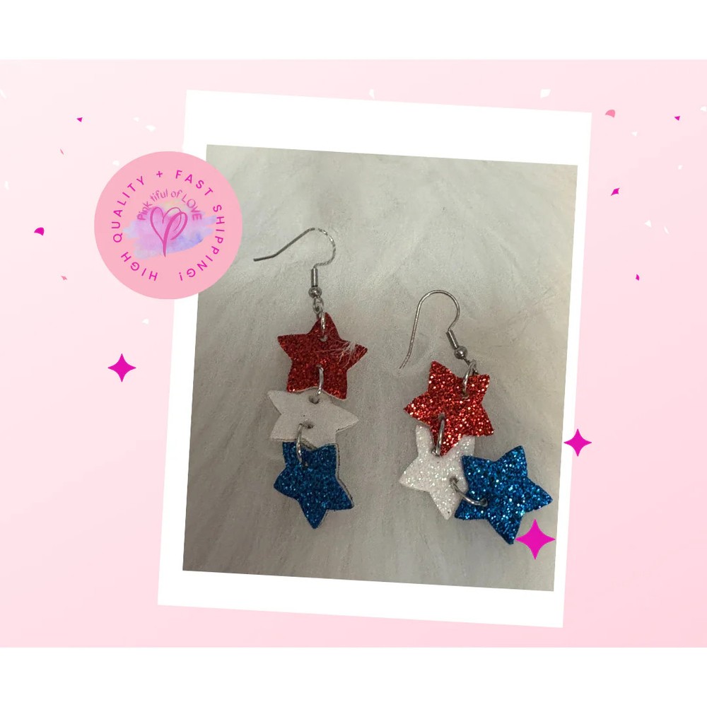 4th of July Stars Dangle Wire Earrings