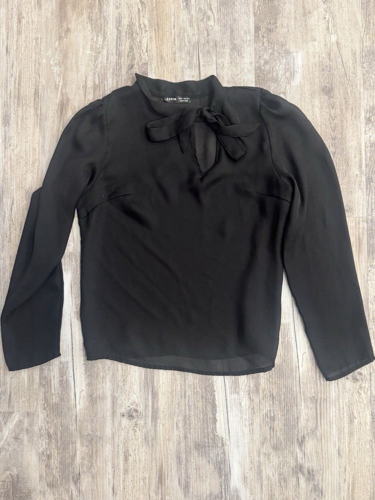 SHEIN Women’s Long Sleeve Black Sheer Blouse Size M With Tie Front Neck