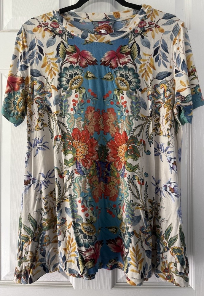 Johnny Was Boho Blu Favorite Short Sleeve Crew Neck Swing Tee Size L Floral
