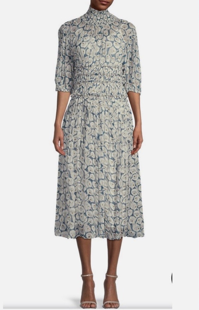 Rebecca Taylor Deco Fleur Short Sleeve Silk A-line Dress Sz 12
