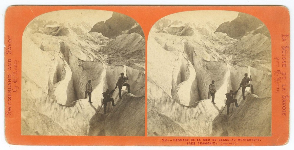 D0829~ FRANCE - E.LAMY – Climbing Glacier Montanvert Chamonix  c.1870 Stereoview
