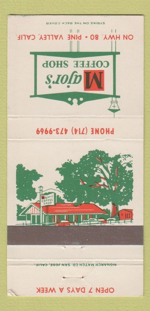 Matchbook Cover - Major's Coffee Shop Pine Valley CA 30 Strike