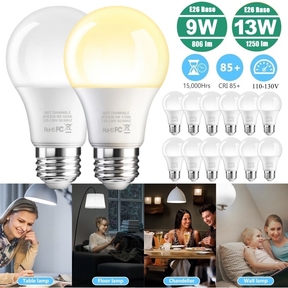 E26 LED Light Bulbs 60W 100W Watt Equivalent A19 5000K Daylight 2700K Warm White