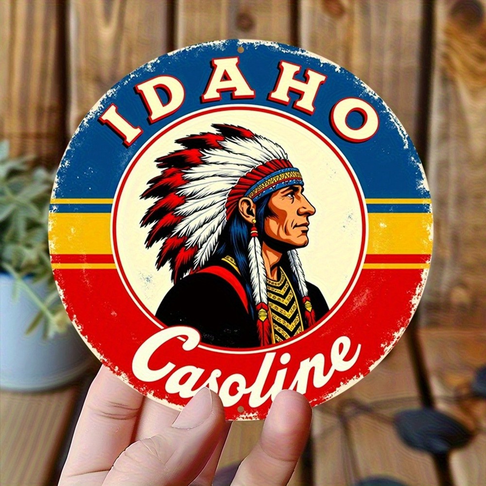 Vintage Western Indian Chief Idaho Gasoline Retro Metal Sign