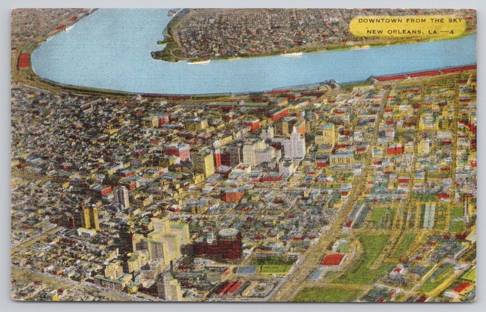 New Orleans LA Downtown Mississippi River Aerial Linen Postcard E.C. Kropp