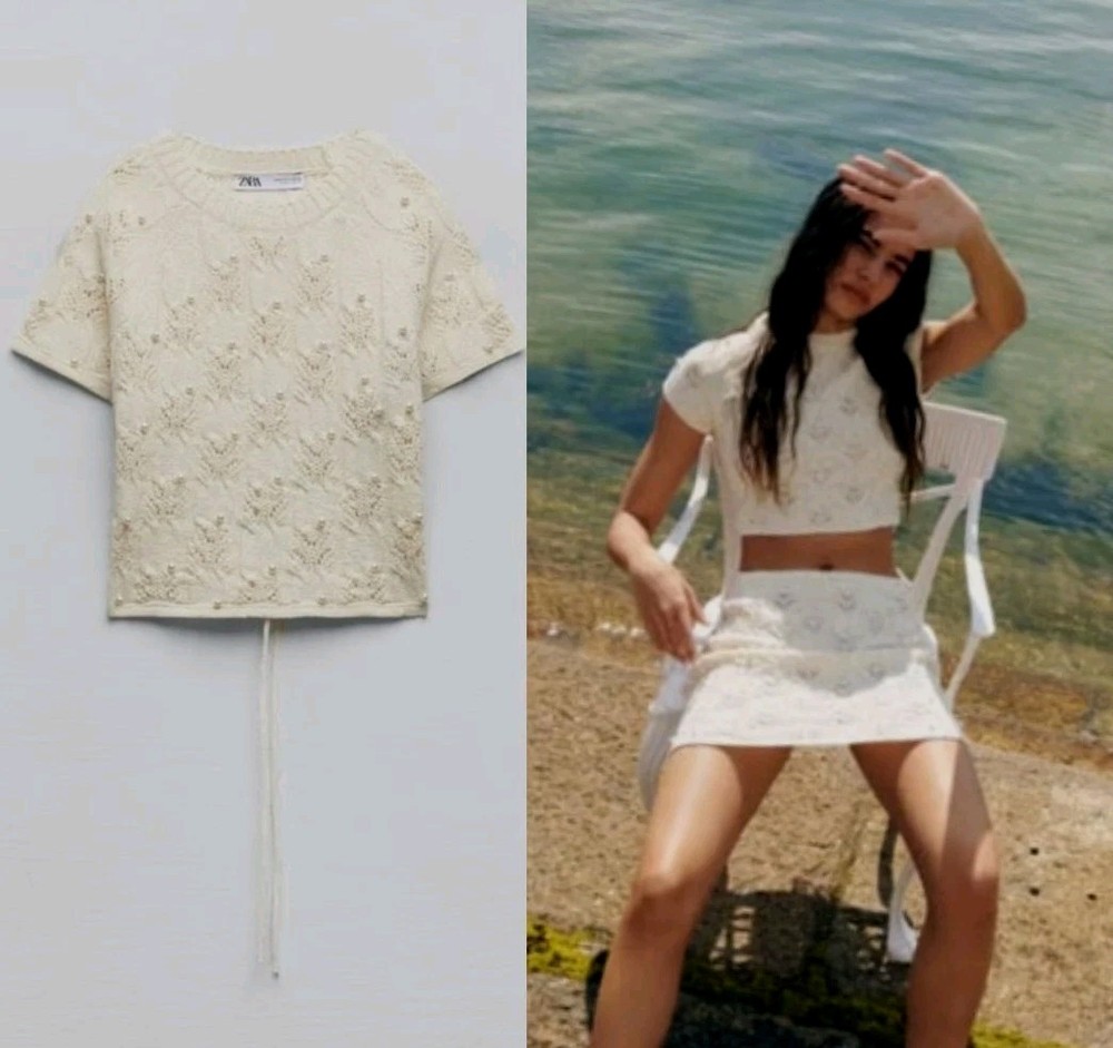 ZARA Women's Cream Crochet Knit Embellished Pearls Crop Top Short Sleeve! XL