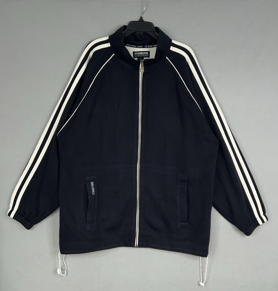 Vintage Koman Jacket Mens XL Black White Full Zip Track Striped Athletic Hip Hop