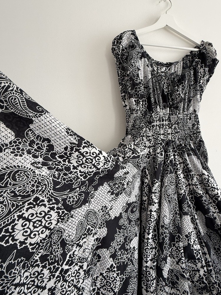 ✿ Grace Elements Black White Paisley Maxi Dress Size L Cotton Boho Smocked Waist