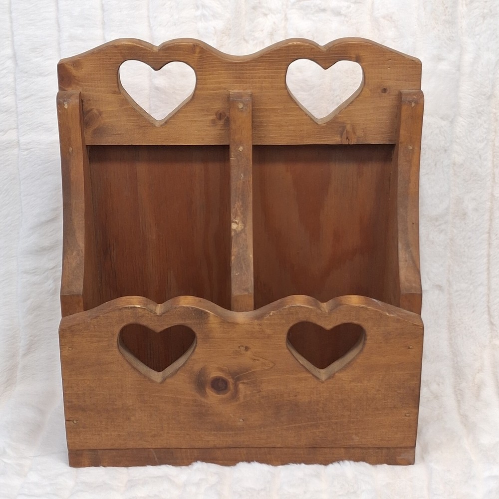 Vintage Wooden Heart Wall Pocket Hanging Organizer Grandmacore Cottagecore Decor