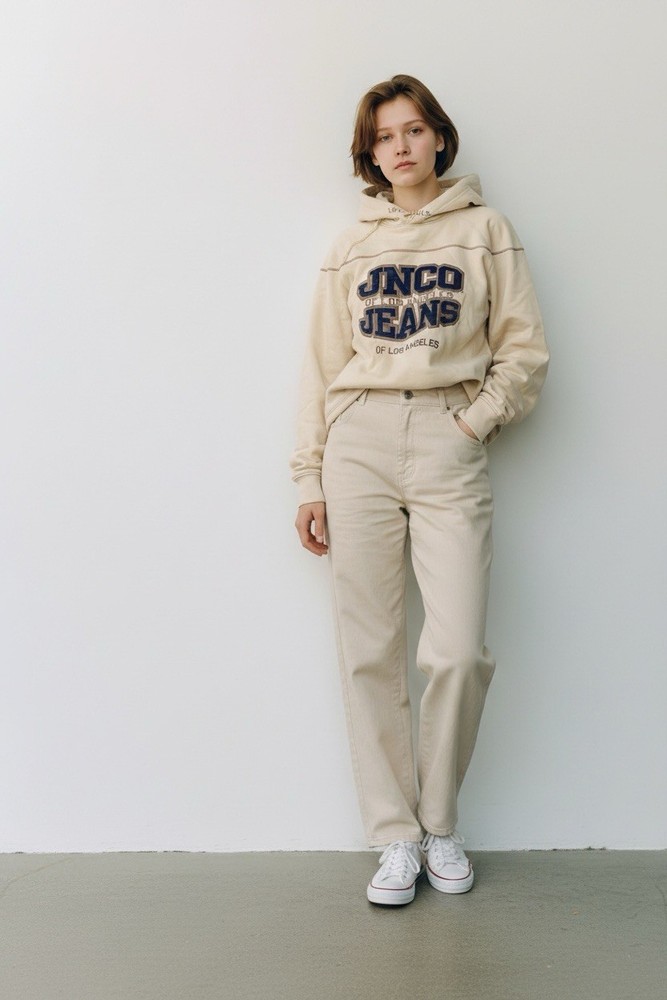 JNCO Jeans mens/Women's Pullover Hoodie Beige Cotton Logo Drawstring Hood Size L