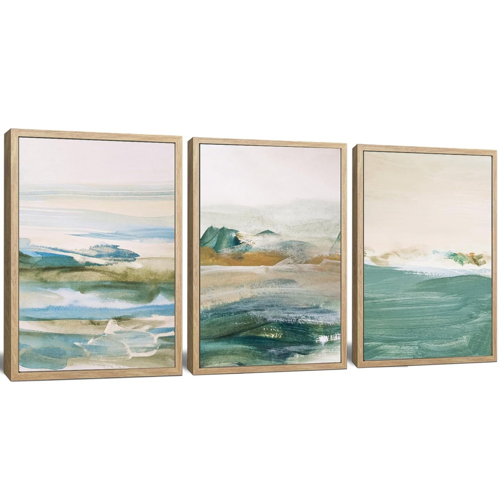 Abstract Beach Canvas Wall Art with Natural Wood Framed - Grey blue Ocean Lan...-image