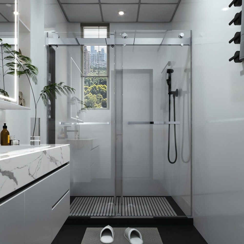 56-60 x 76 Inch Frameless Double Sliding Shower Door with 10mm SGCC Tempered Glass