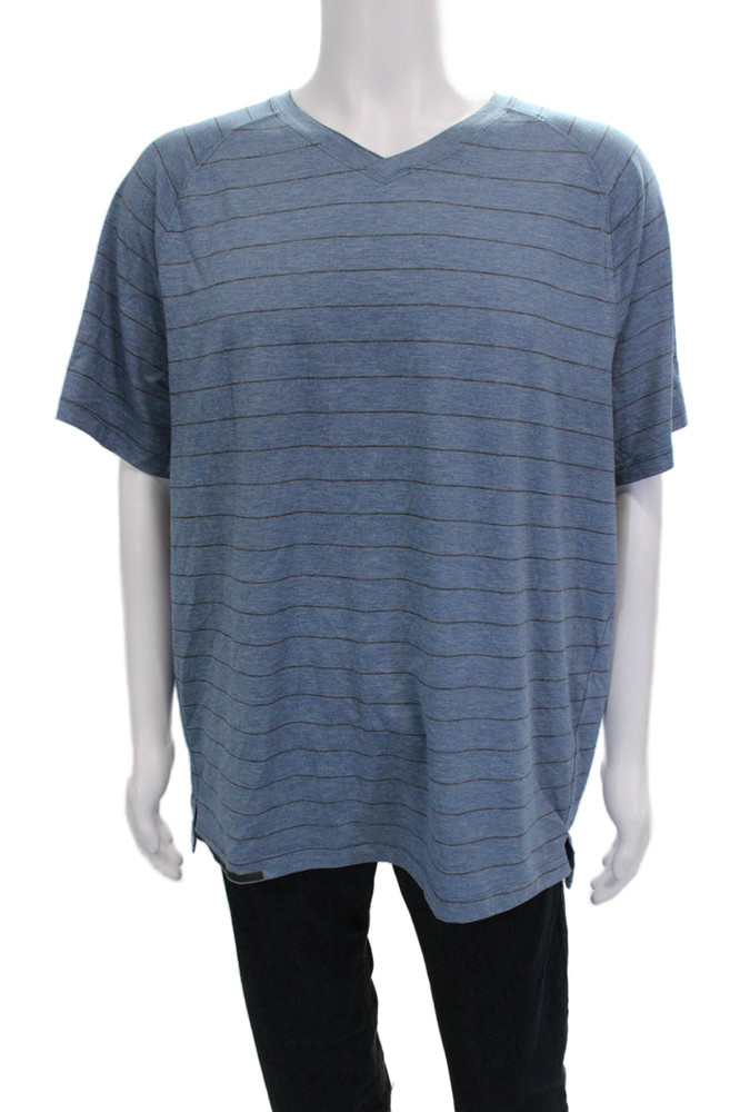 Lululemon Mens Blue Striped V-Neck Short Sleeve Nylon Blend T-Shirt Size XLFree Shipping in US $100+ Orders | $6.95 Orders Below