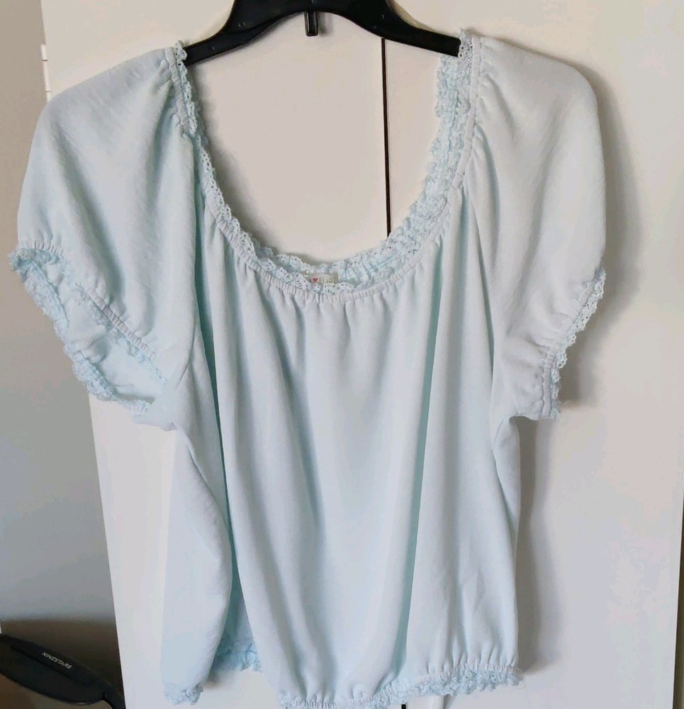 ULTRA FLIRT Light Blue Knit Lace Puff Short Sleeve Scoop Neck Blouse Relaxed 3X