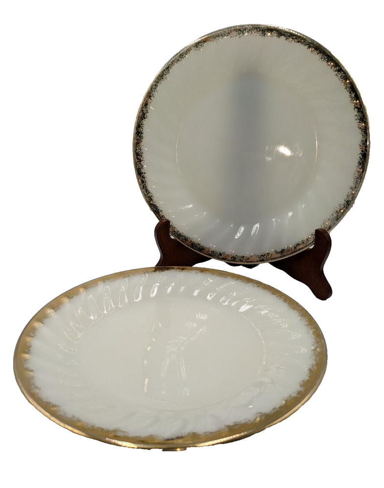 Vintage Fire King Suburbia Swirl Salad Plates Milk Glass Gold Trim Set of 2