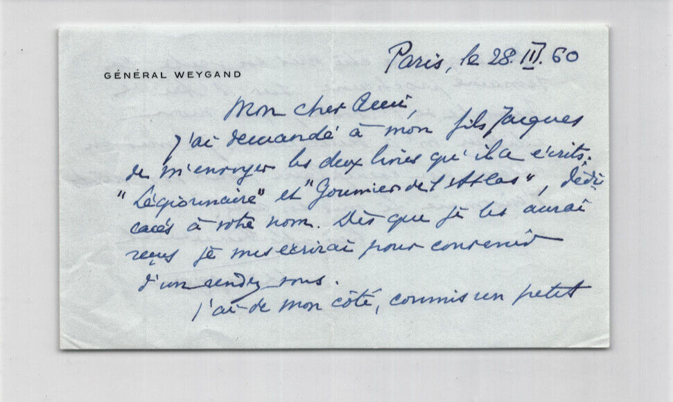 General Maxime WEYGAND - Signed Autograph Letter - Paris - 1960