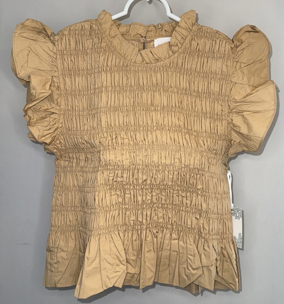 Hyacinth House Tuckernuck Tan Smocked High Neck Nadine Blouse - Size XL