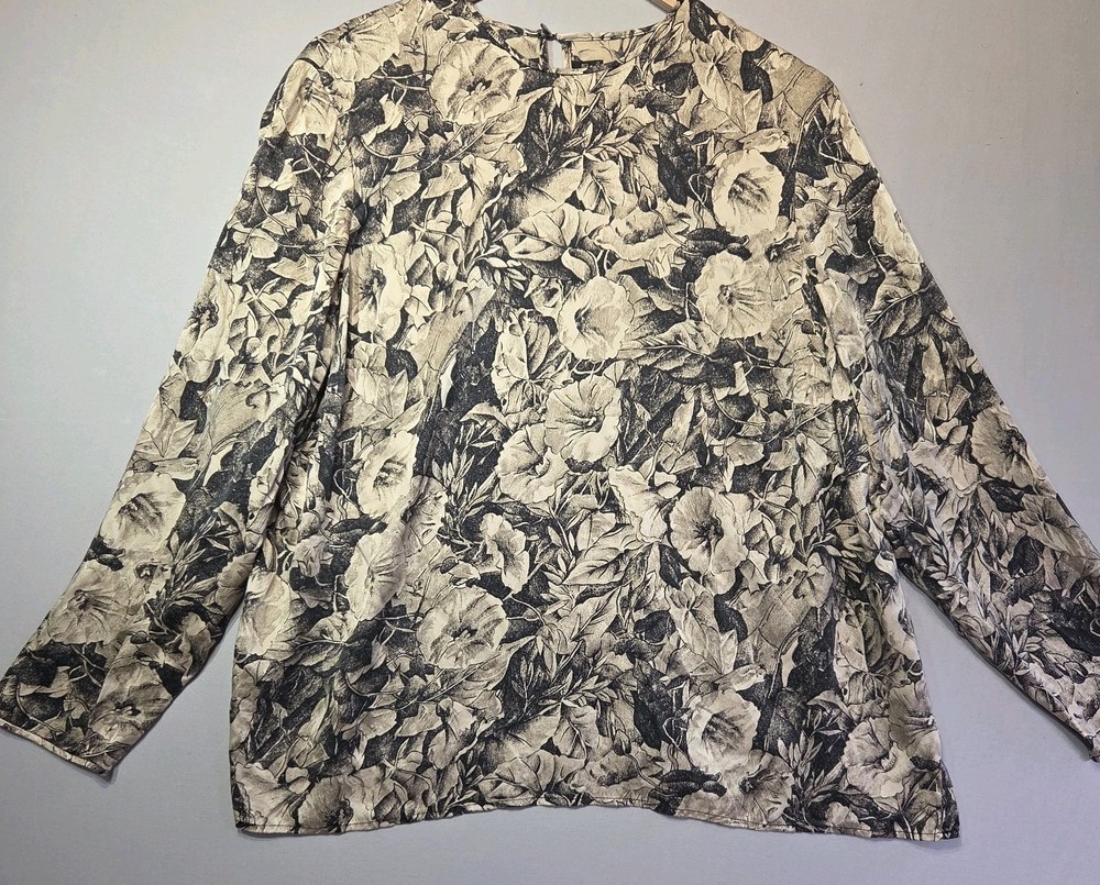 Dana Buchman Woman 100% Silk Floral Blouse Top Size 14 Beige Black Long Sleeve