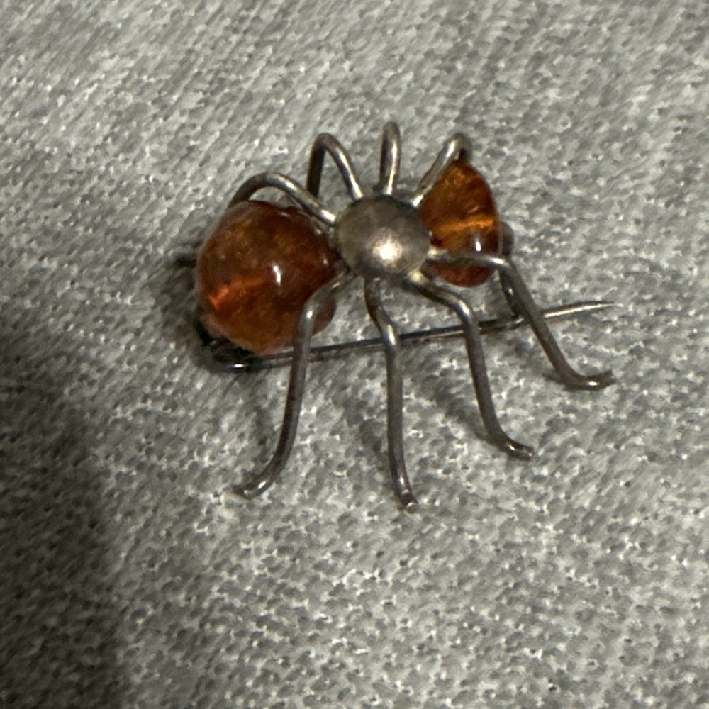Vintage Handmade Baltic Amber Spider Brooch Pin Sterling Silver