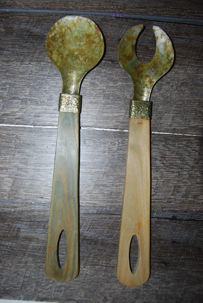 Acacia Wood & Metal 12.5” Salad Servers, Salad Fork and Spoon-image
