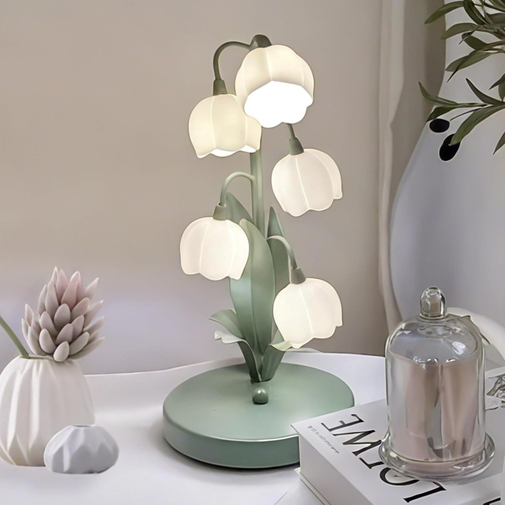 Green Flower Lamp for Home,Bedside Vintage Table Lamps,5 Lily of the Valley Read