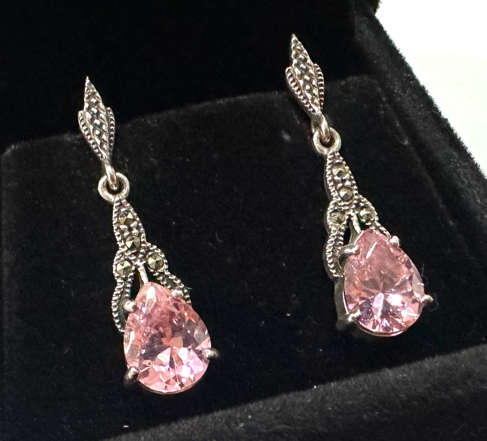 Vintage Pink Stone Dangle Earrings MARKED 925 Sterling Silver Jewelry Lot H