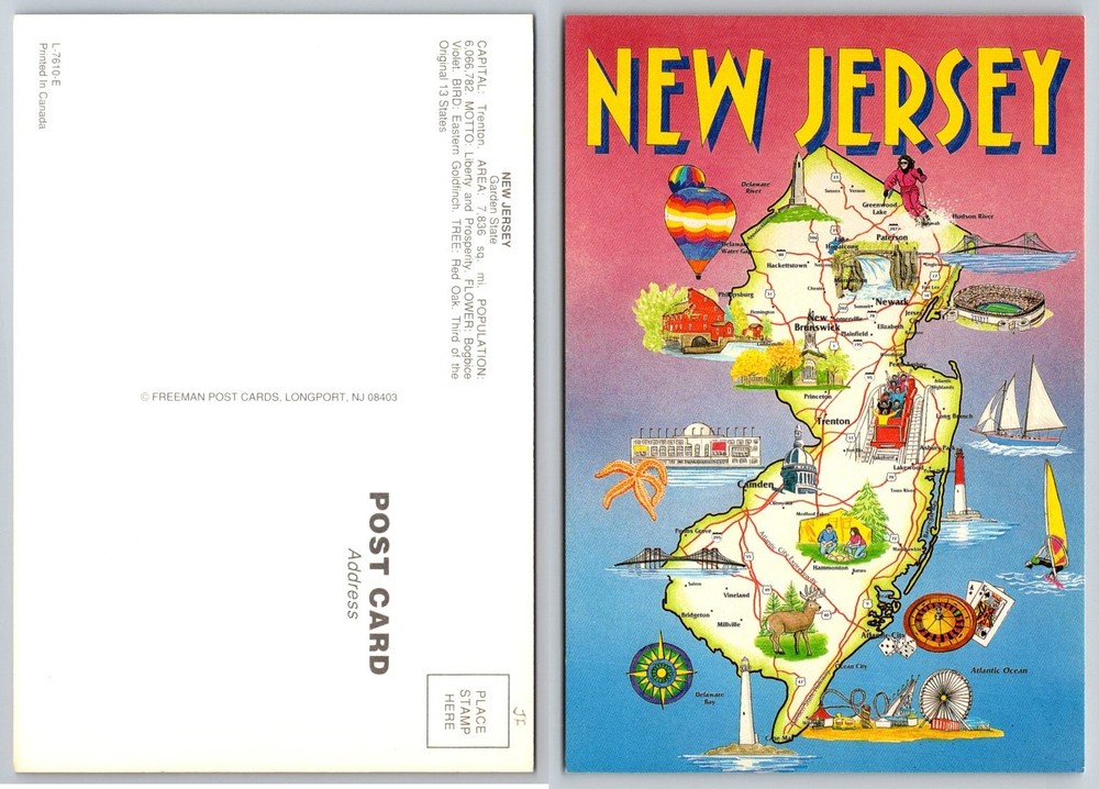 Vintage New Jersey Map Postcard - State Symbols & Landmarks Illustrated