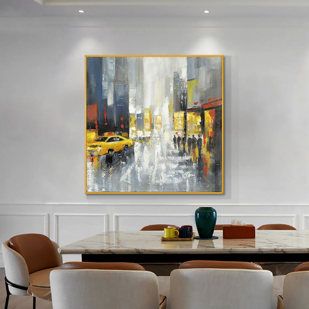 Abstract Yellow Building Car People Wall Art Painting Hand Painted Oil Painting