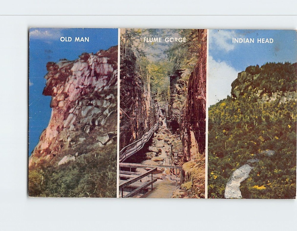 Postcard Old Man, Flume Gorge & Indian Head Franconia Notch NH USA