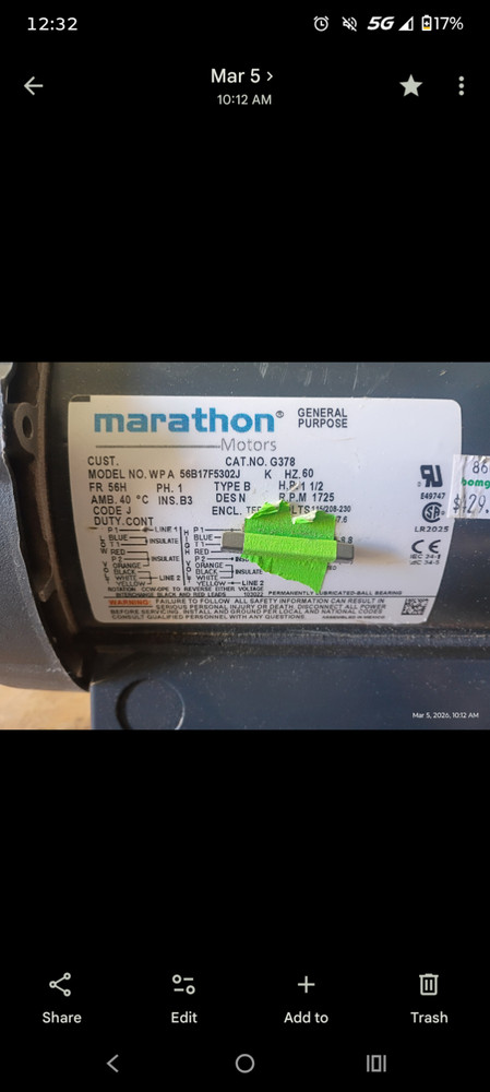 1.5Hp Marathon Motor 1725Rpm 56H 115/208-230V Tefc 1.5 Hp