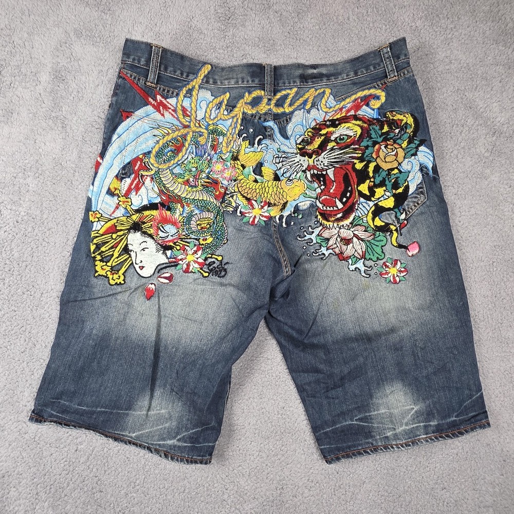 Ed Hardy Shorts Mens 42 Blue Christian Audigier Japanese Tattoo Embroidery Denim
