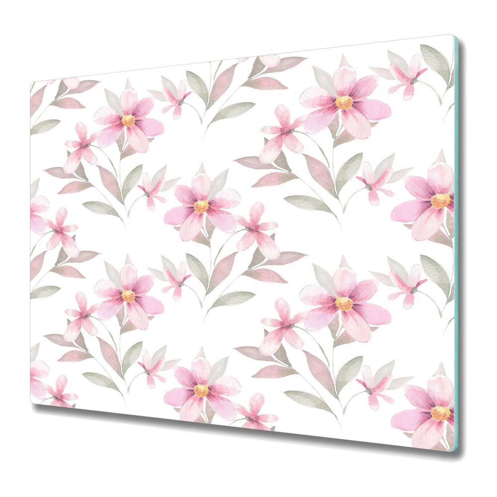Glass Induction Ceramic Hob Cover Delicate Floral Pink flowers with leaves 60x52