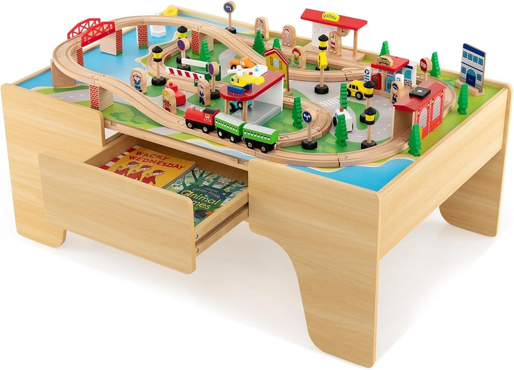 Costzon Train Table, 84 Pcs, Wooden Kids Activity Table Playset with Reversible