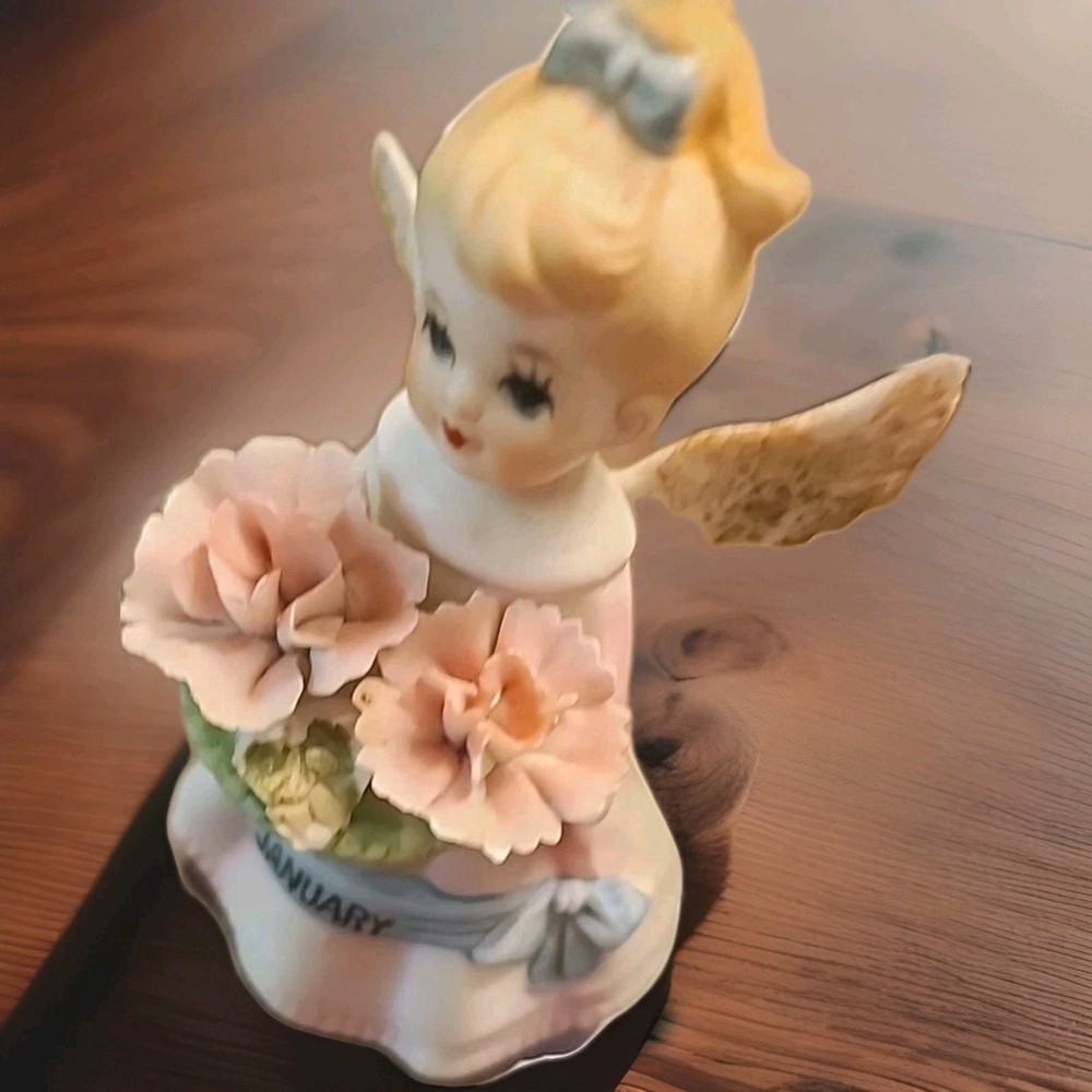 Vintage January Lady Angel Figurine  Birthday Month flowers 4.75 T
