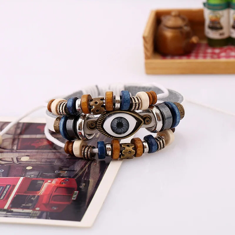Unisex Handmade Tribal Leather Bracelet with Lucky Bead & Evil Eye for Reiki & Gifting