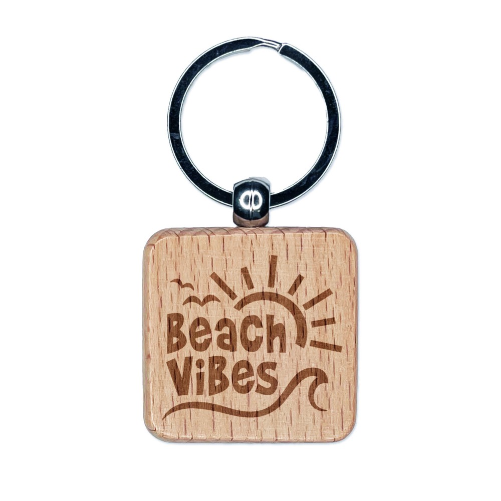 Beach Vibes Engraved Wood Square Keychain Tag Charm