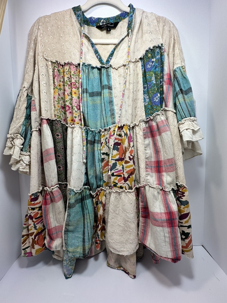 Young Threads s-small patchwork shirt Boho-Chic mixed vintage fabrics
