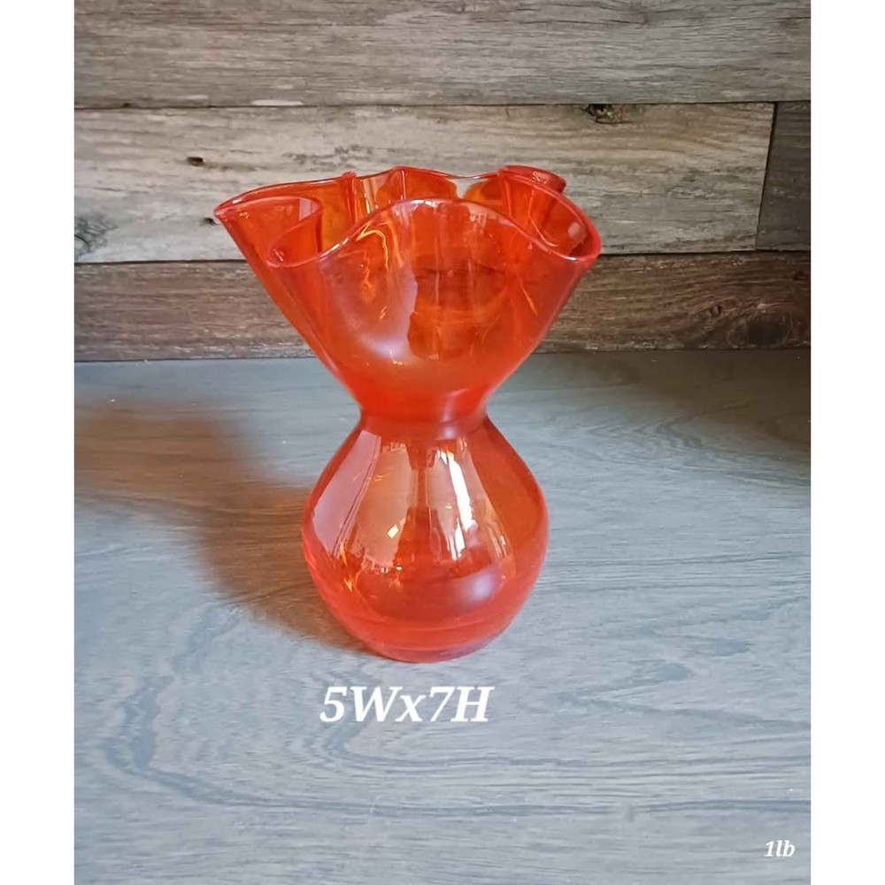 Vintage MCM orange hand blown Murano style ruffled vase art glass