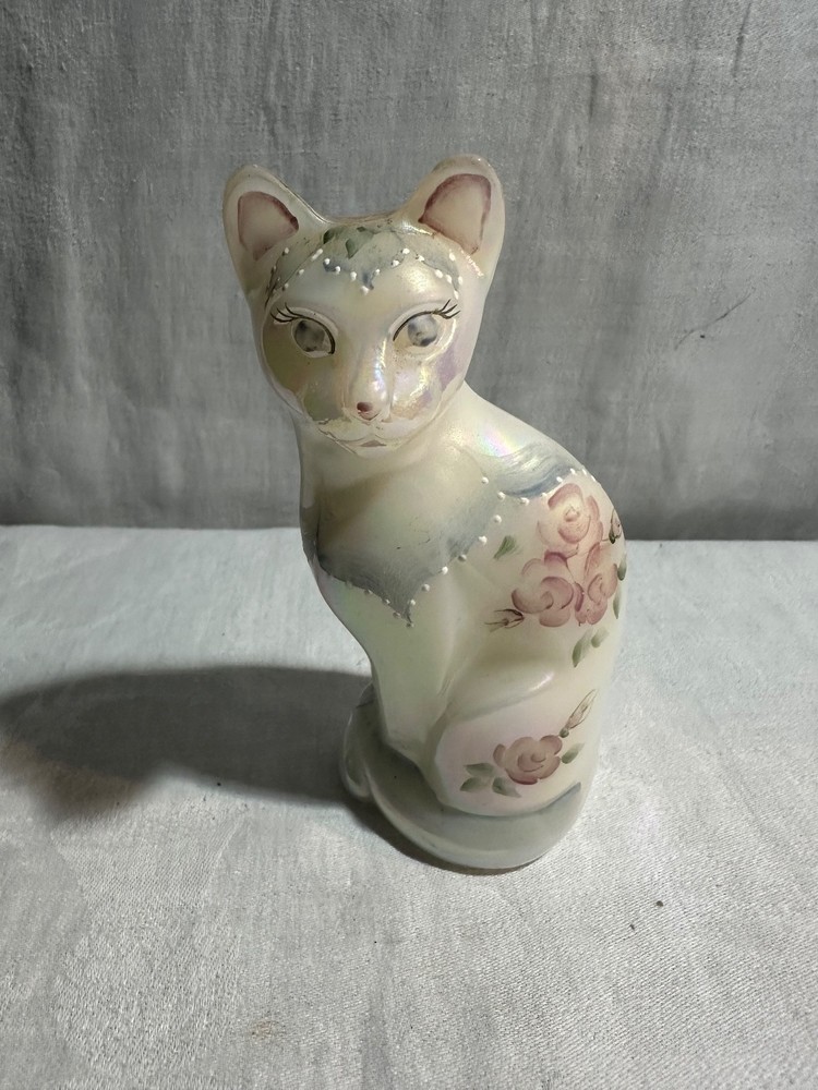 Vintage Fenton opalescent hand-painted roses glass cat